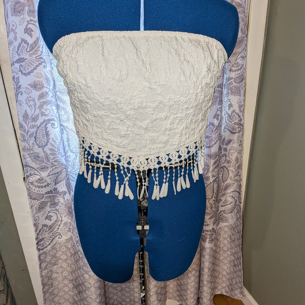 White Strapless Top with Fringe Detail